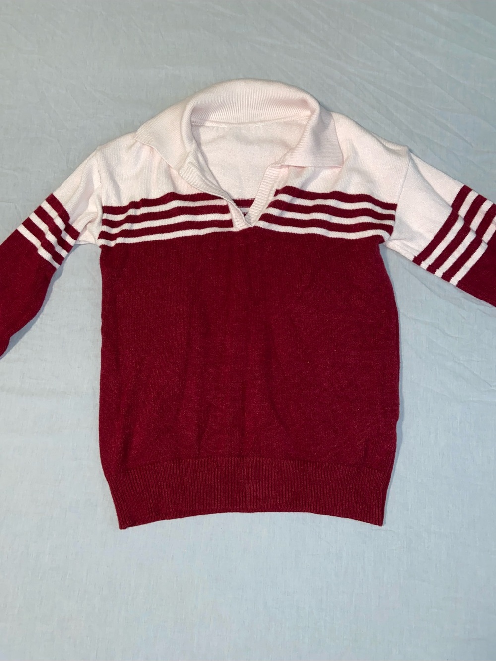Striped Red and White Knit V-Neck Pullover